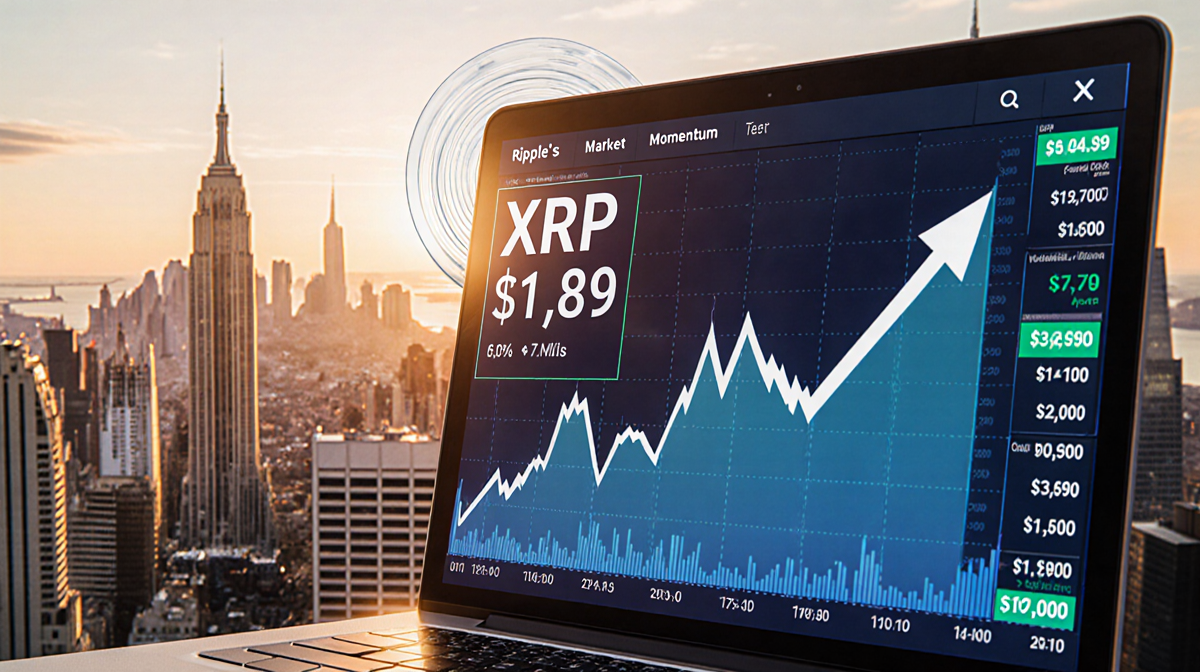 Cryptocurrency exchange screen shows XRP price at $1.89 with a subtle ripple and a sunset cityscape background