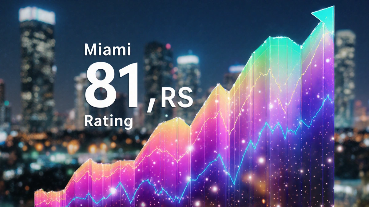Rising financial graph with vibrant gradient colors and shimmering effects showing market fluctuations with Miami cityscape i