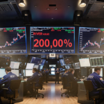 Traders frantically monitor glowing screens with a giant display showing RIVER