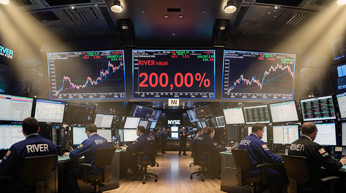 Traders frantically monitor glowing screens with a giant display showing RIVER