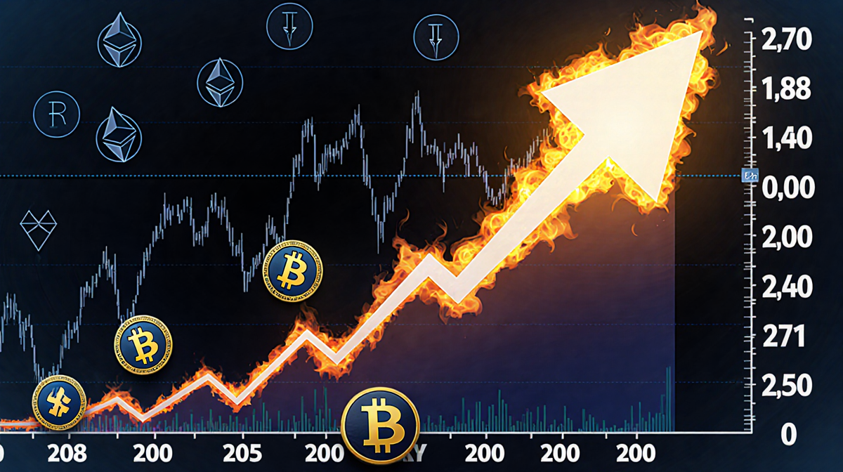 RIVER's cryptocurrency chart rises with bright arrow above it against bearish Bitcoin and Ethereum charts in background