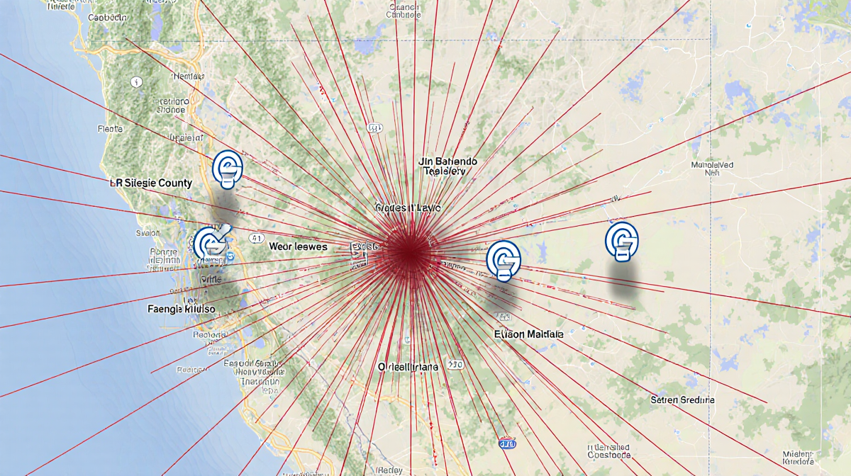 Map shows fault lines radiating from center in Riverside County with tremors indicating seismic activity.