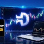 Smartphone shows RLUSD logo with sunset cityscape and laptop displaying market graph