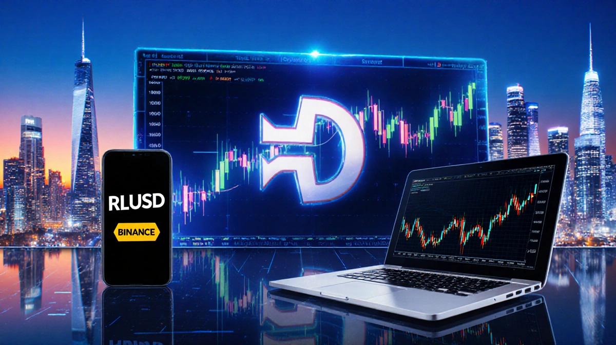 Smartphone shows RLUSD logo with sunset cityscape and laptop displaying market graph