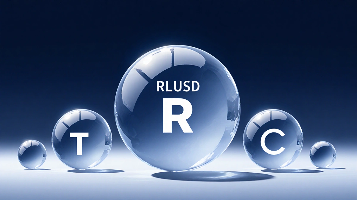 Large transparent glass sphere representing RLUSD dominates the center with smaller opaque spheres symbolizing Tether and Cir