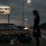 Mourning woman stands beside overturned sedan with roadside memorial showing RIP sign and flowers
