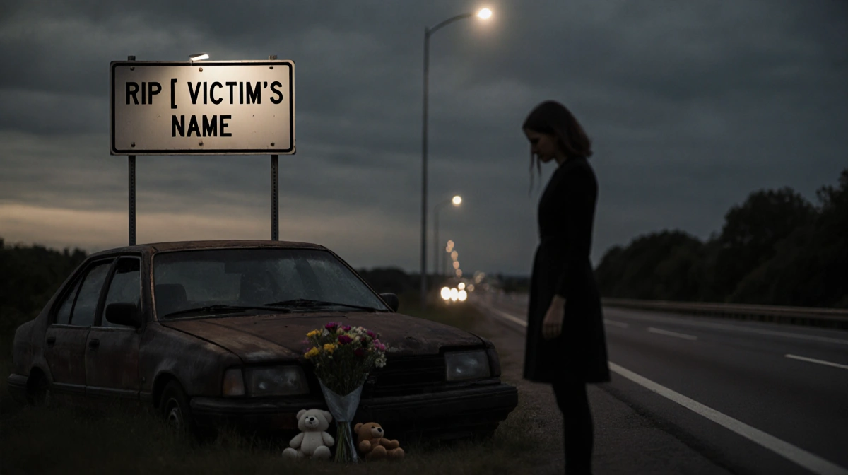 Mourning woman stands beside overturned sedan with roadside memorial showing RIP sign and flowers