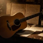 Guitar resting on worn wooden desk with music sheets and warm golden light creating nostalgic vibe.