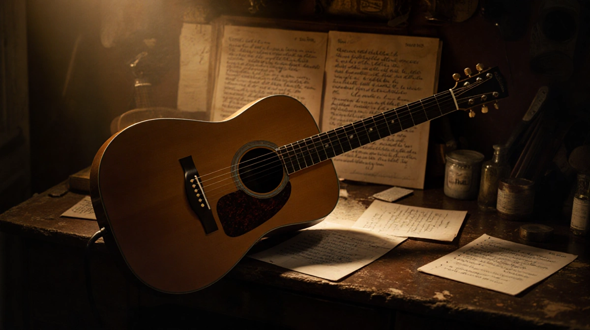 Guitar resting on worn wooden desk with music sheets and warm golden light creating nostalgic vibe.