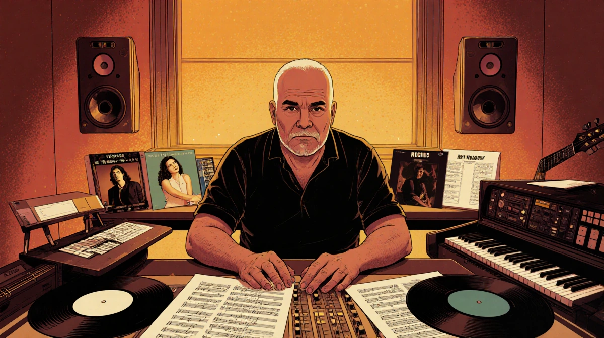 Rob Hirst sits at a desk mixing tracks with a mixing console and vinyl records
