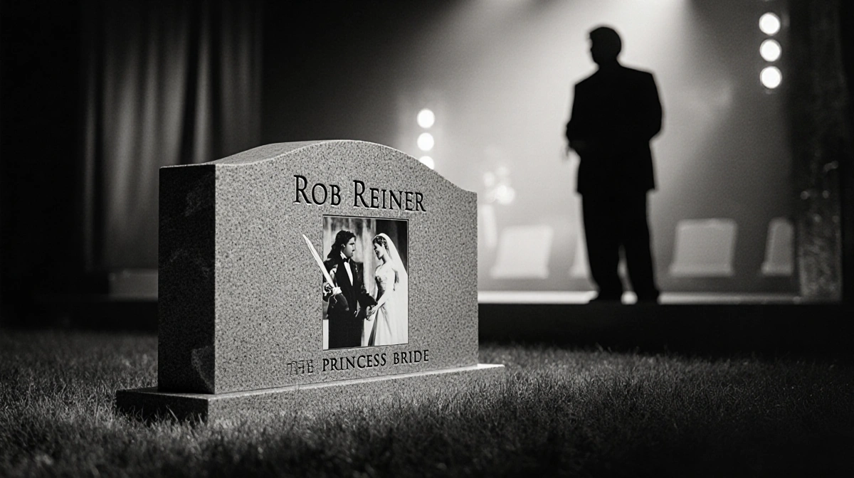 Gravestone honors Rob Reiner with Princess Bride sword fight image and blurred comedy club silhouette