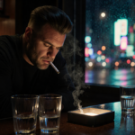 Robbie Williams sits at a dim hotel bar with neon lights reflected on the wet floor and a cigarette