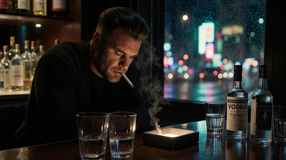 Robbie Williams sits at a dim hotel bar with neon lights reflected on the wet floor and a cigarette