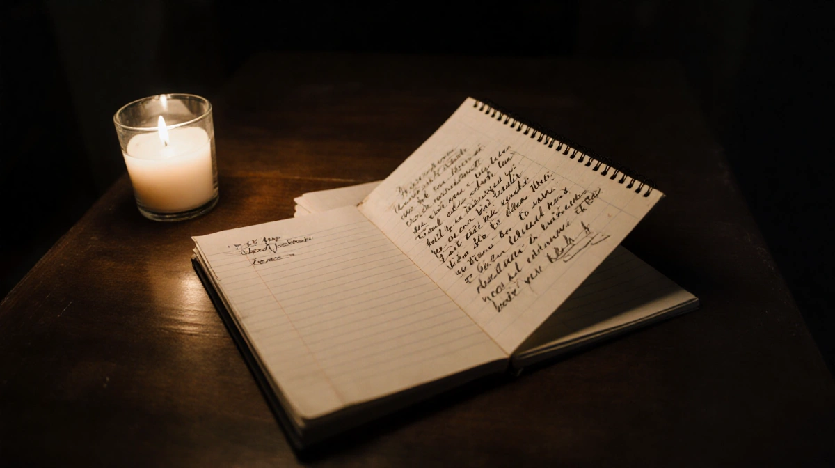 Robby Hoffman's handwritten letter lies open on wooden desk with candlelight warming the worn notebook pages