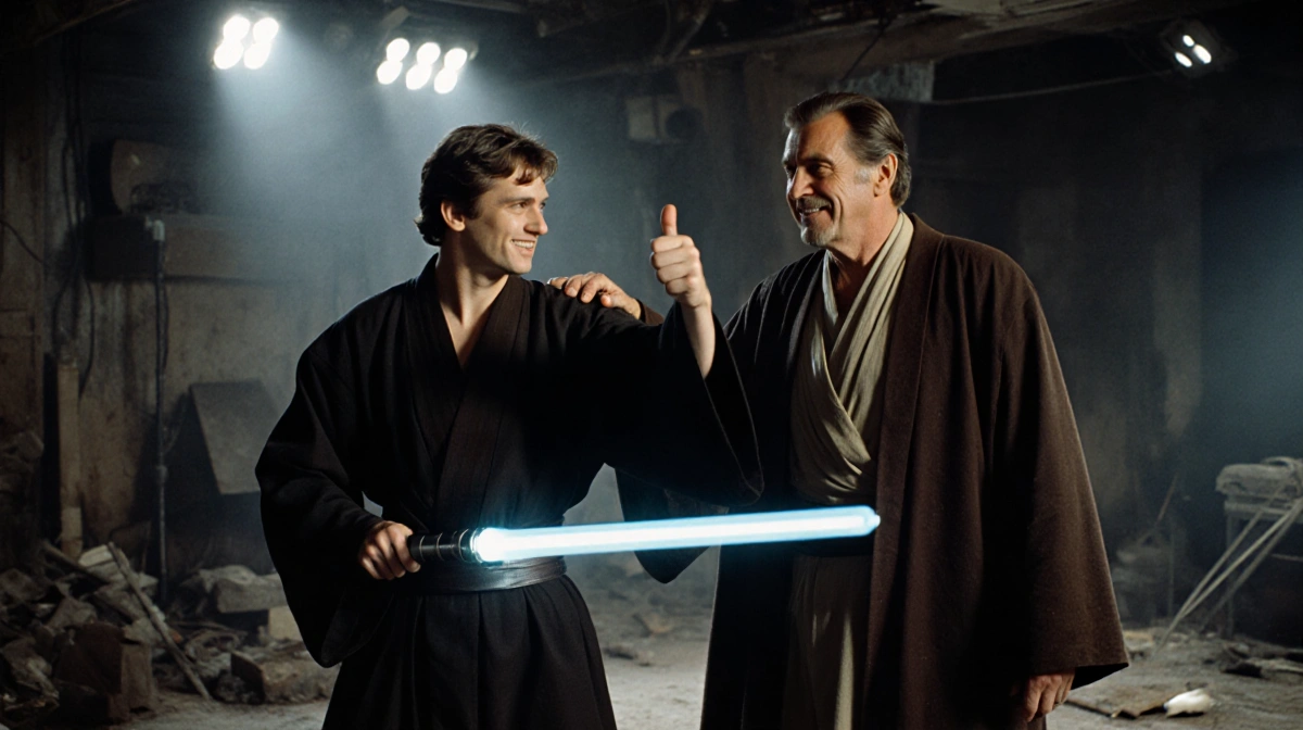 Anakin and Obi-Wan rehearse lightsaber duel with Hayden Christensen gesturing to Robert De Niro watching in background