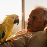 Robert Irwin sitting with sulphur-crested cockatoo on his shoulder and warm sunset glow through window showing their bond