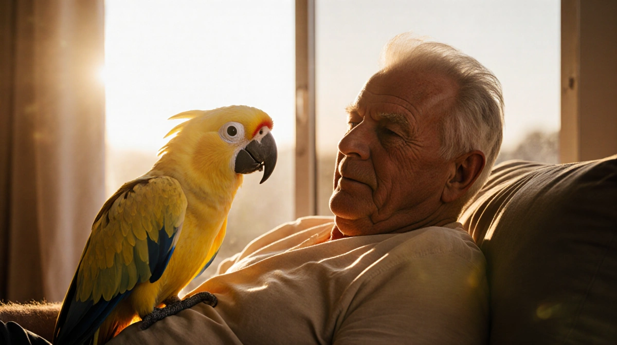 Robert Irwin sitting with sulphur-crested cockatoo on his shoulder and warm sunset glow through window showing their bond