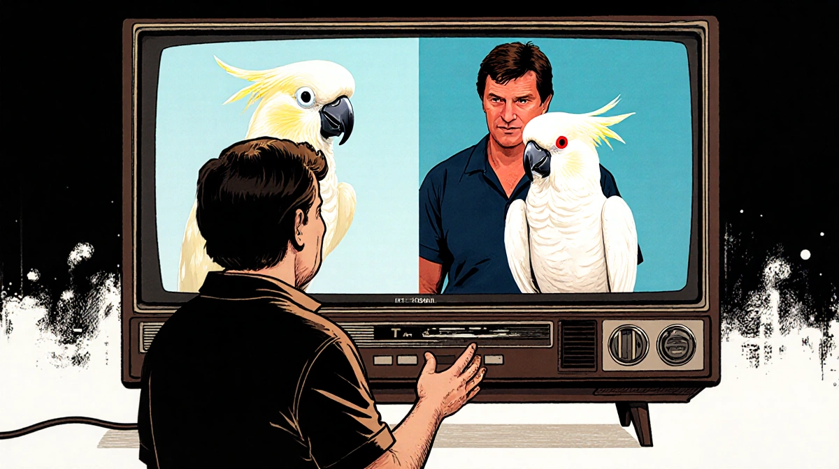 Robert Irwin stands with vintage TV showing Steve Irwin with Occa and Whitey cockatoos on split screen