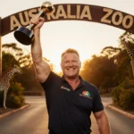 Robert Irwin celebrates with Dancing with the Stars trophy at Australia Zoo entrance with sunset glow and wildlife nearby