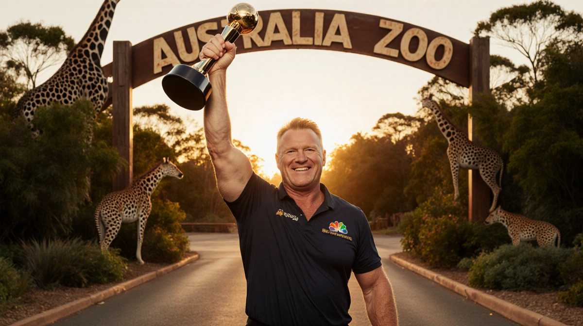Robert Irwin celebrates with Dancing with the Stars trophy at Australia Zoo entrance with sunset glow and wildlife nearby