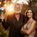 Robert Irwin holding the Mirrorball Trophy with dancing partner and golden sunset over Daintree Rainforest