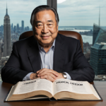 Robert Kiyosaki sits at a desk reading a book on financial freedom wealth with his face and a blurred cityscape behind him.