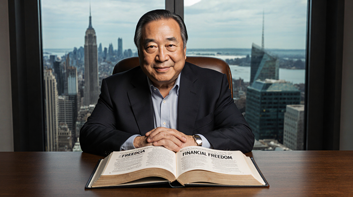 Robert Kiyosaki sits at a desk reading a book on financial freedom wealth with his face and a blurred cityscape behind him.