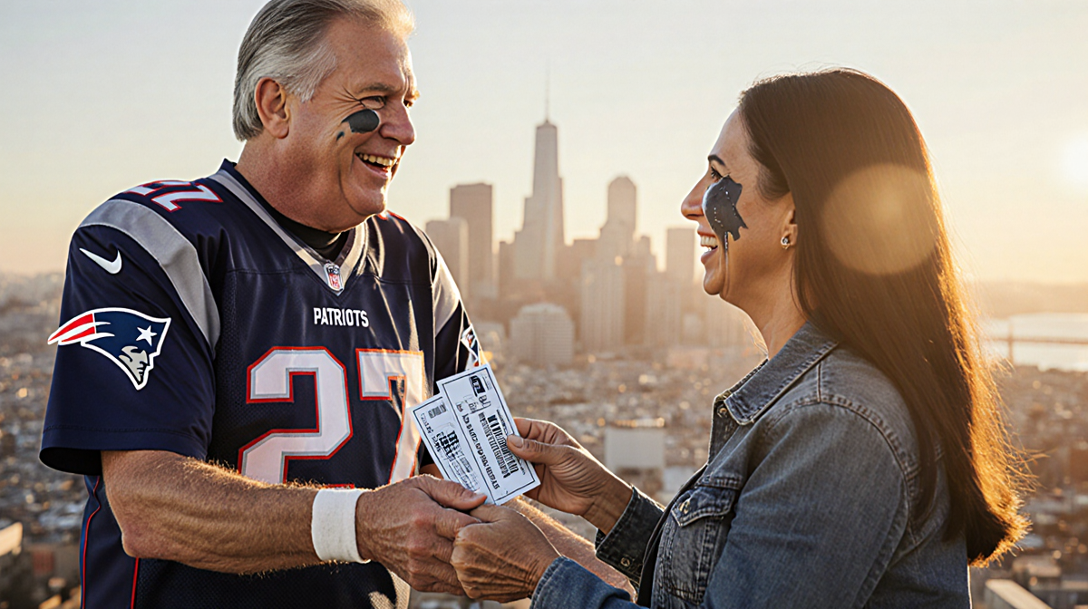 Robert Kraft handing Super Bowl tickets with Patriots logo to Sepulveda with golden light and blurred San Francisco skyline