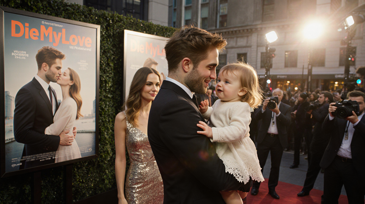 Robert Pattinson holding his daughter with warm golden light and blurred premiere backdrop