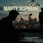 Robert Pattinson sits in shadows on dim film set with Marty Supreme script pages and Josh Safdie standing before cityscape