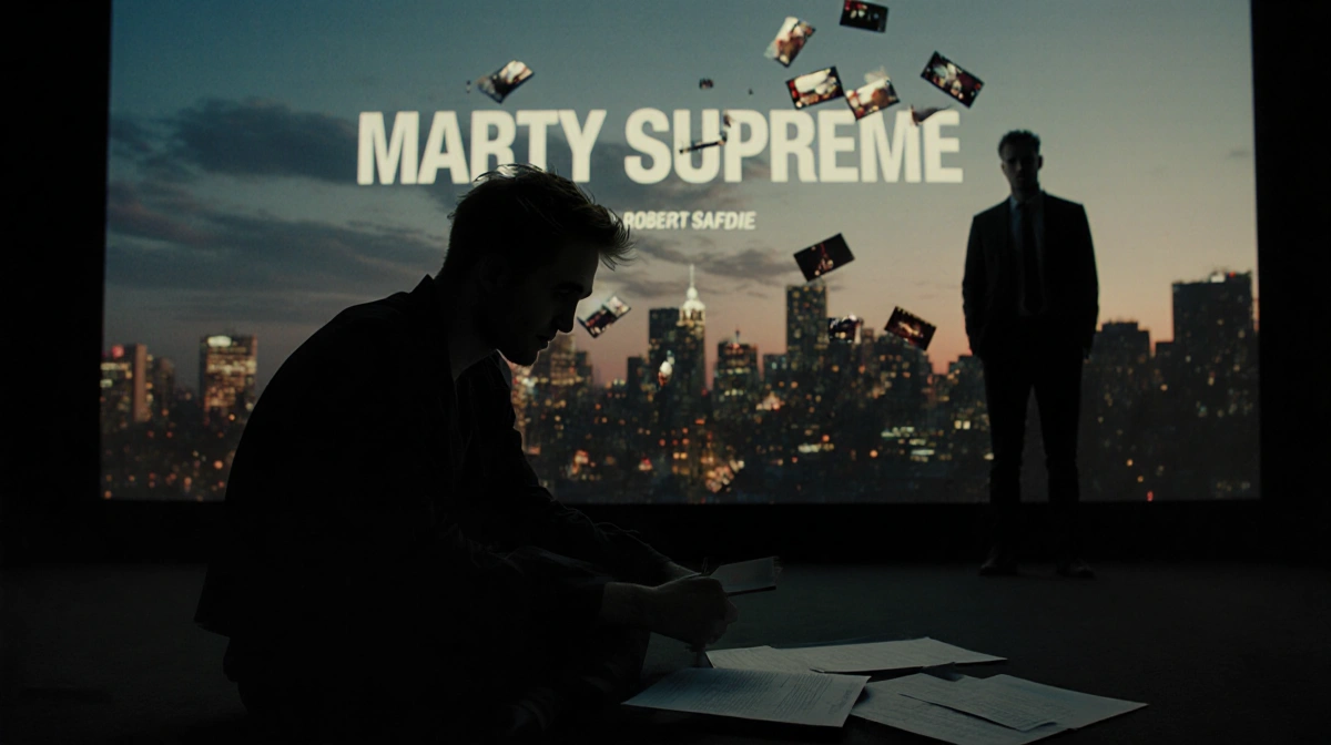 Robert Pattinson sits in shadows on dim film set with Marty Supreme script pages and Josh Safdie standing before cityscape