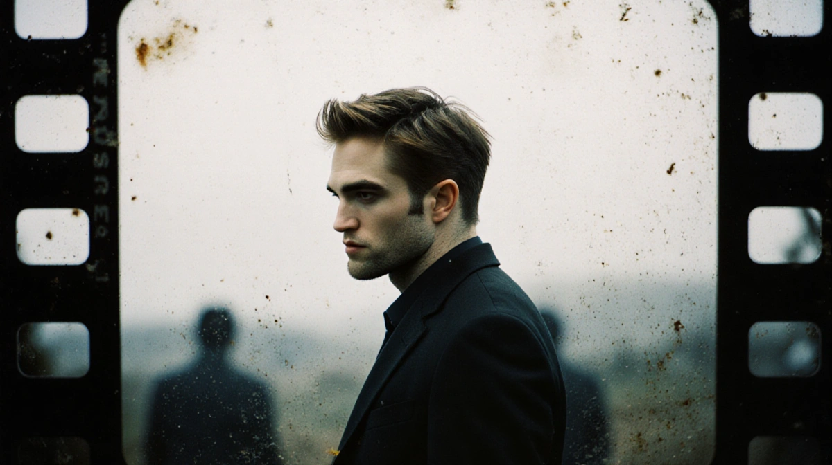 Robert Pattinson's Marty Supreme character stands in profile with subtle film grain and faint background silhouettes hinting