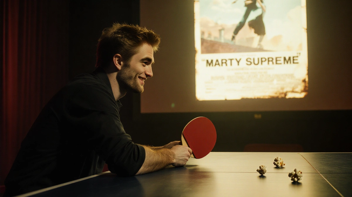 Robert Pattinson as Marty Supreme holds a ping-pong paddle with a knowing smile and faded movie poster behind him