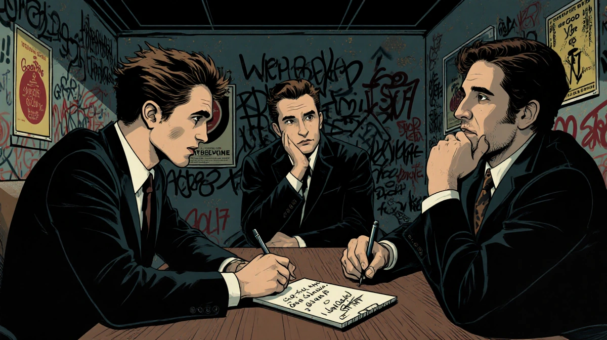 Robert Pattinson meets with Josh and Benny Safdie in graffiti-covered room with Good Time posters and notepad showing email