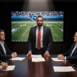 Robert Saleh presenting to Titans executives with spotlight overhead and team logo on screen
