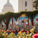 Robert Vargas Los Angeles street art mural blooms with vines and colorful flowers with city building in background