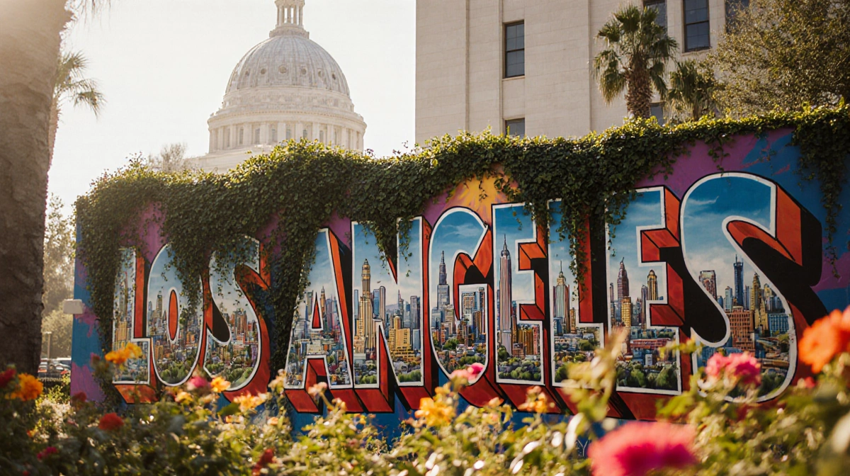 Robert Vargas Los Angeles street art mural blooms with vines and colorful flowers with city building in background