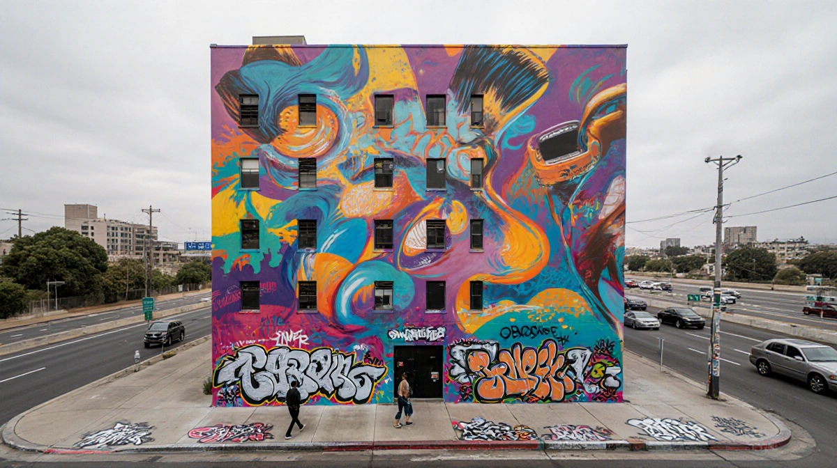 Robert Vargas mural covers building with vibrant street art and pedestrians gazing up at Los Angeles urban artwork