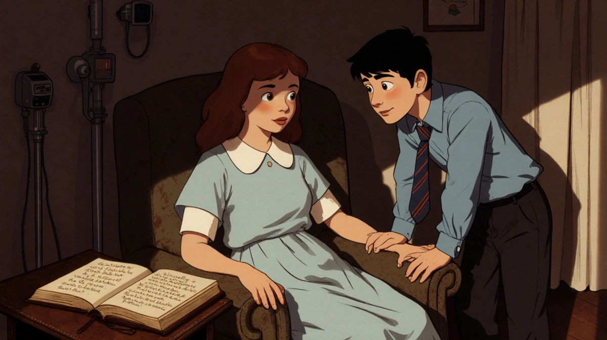 Robin reading leather-bound book to Will with warm lamplight in vintage hospital room showing 80s nostalgia