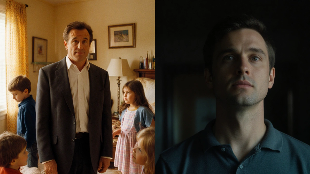 Robin Williams as Mrs. Doubtfire stands with children playing near him while Chad Powers appears beside him in darker setting