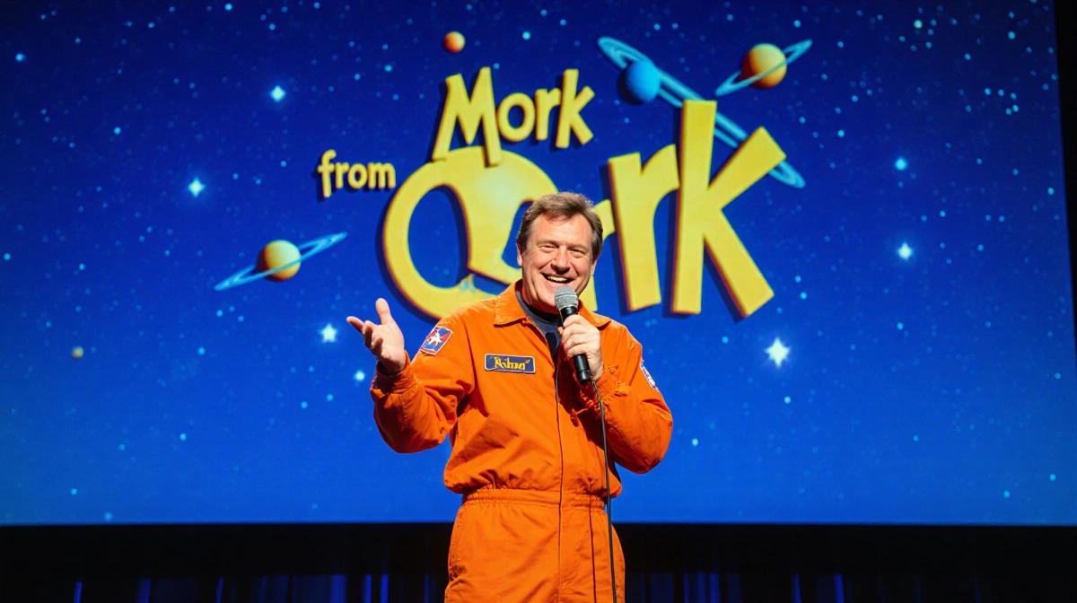 Robin Williams as Mork grinning with microphone and orange jumpsuit with Orkan logo and space backdrop