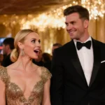 Robin Wright and Derek Hough share surprised expressions at the Golden Globe Awards with Julianne Hough in elegant gown and r