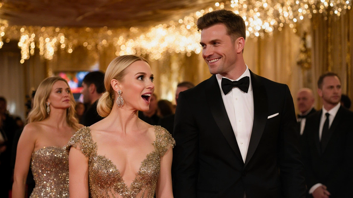 Robin Wright and Derek Hough share surprised expressions at the Golden Globe Awards with Julianne Hough in elegant gown and r