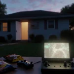Ajar front door glows with eerie light from Roblox console on table with empty snack packets scattered nearby