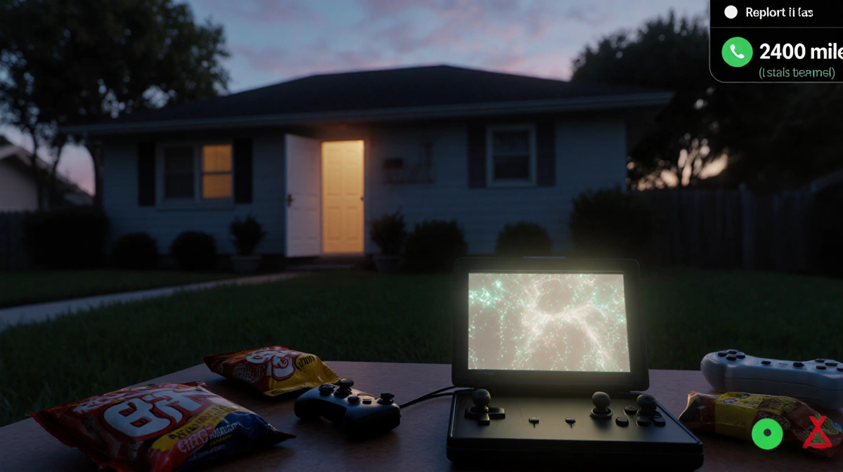 Ajar front door glows with eerie light from Roblox console on table with empty snack packets scattered nearby