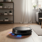 Roborock Saros 10 glides across hardwood floor leaving sparkling trail with light and a smartphone showing Amazon deal