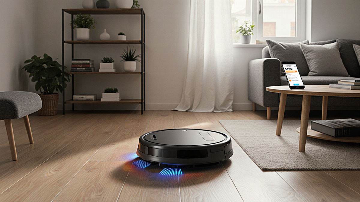 Roborock Saros 10 glides across hardwood floor leaving sparkling trail with light and a smartphone showing Amazon deal