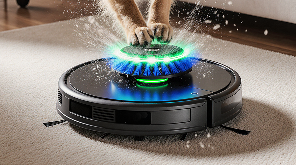 Roborock Q7 M5 Plus vacuuming carpet with suction lifting pet hair into bright blue whirlwind