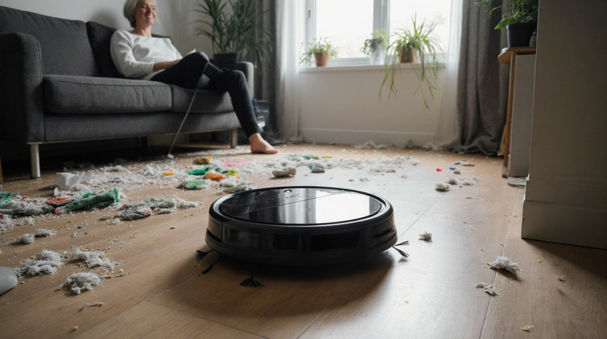 Roborock Qrevo robot vacuum cleaning around clutter with sunlight on its surface and person relaxing on couch