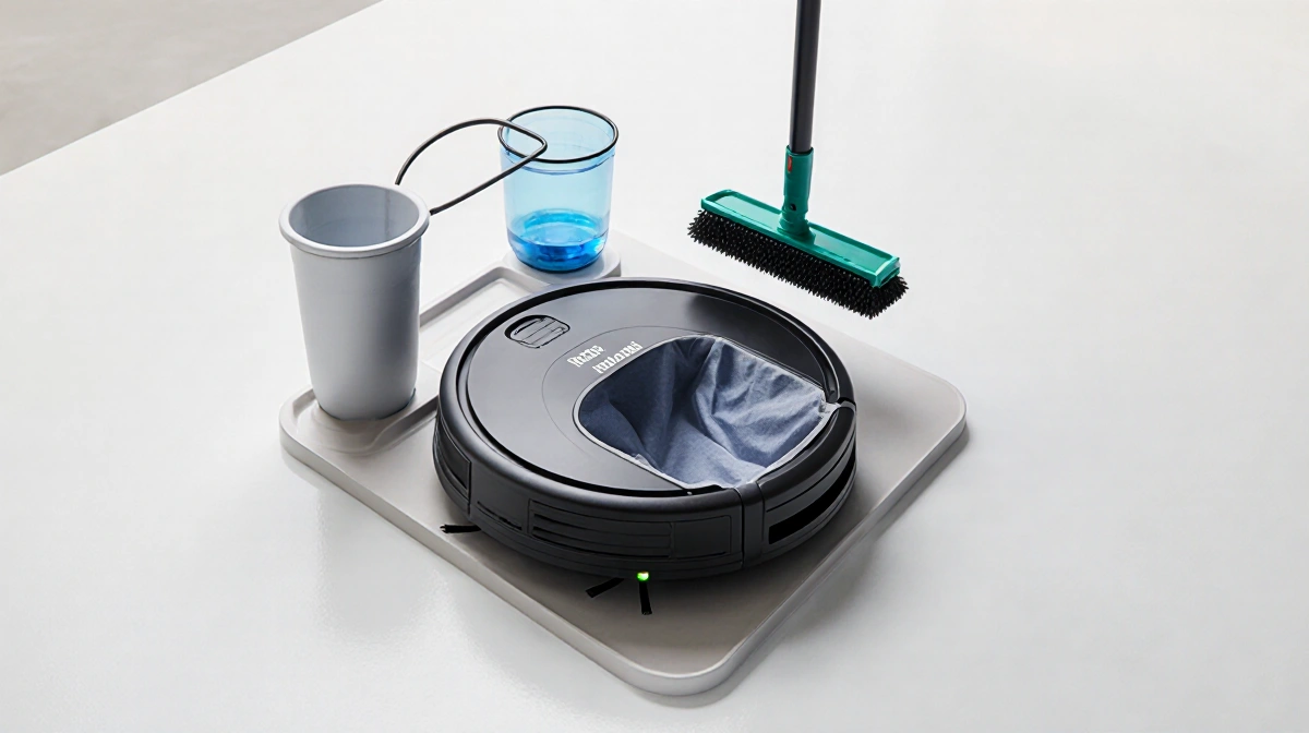 Roborock Qrevo base station cleaning mop head with dustbin and water tank showing maintenance-free feature
